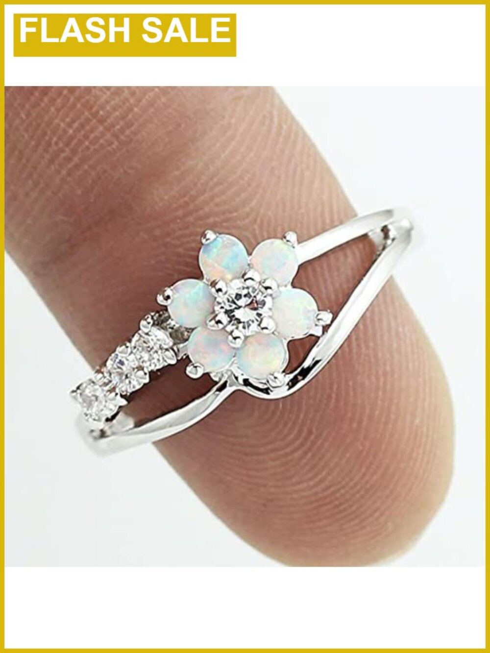 925 Sterling Silver White Opal CZ Flower Engagement Promise Band Ring